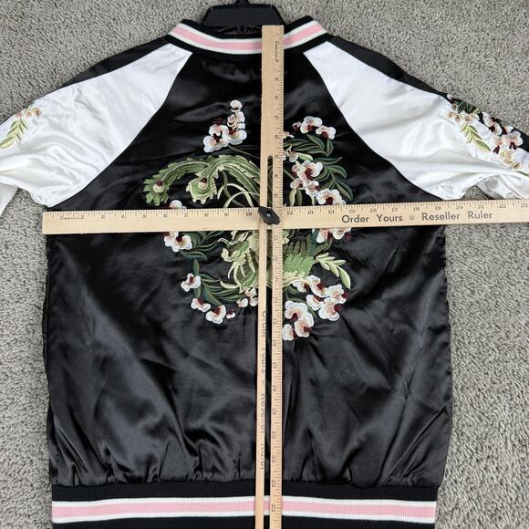 ZAFSIBLINGS Jacket Womens Small Black Pink Reversible Satin Bomber Floral - Picture 7 of 16